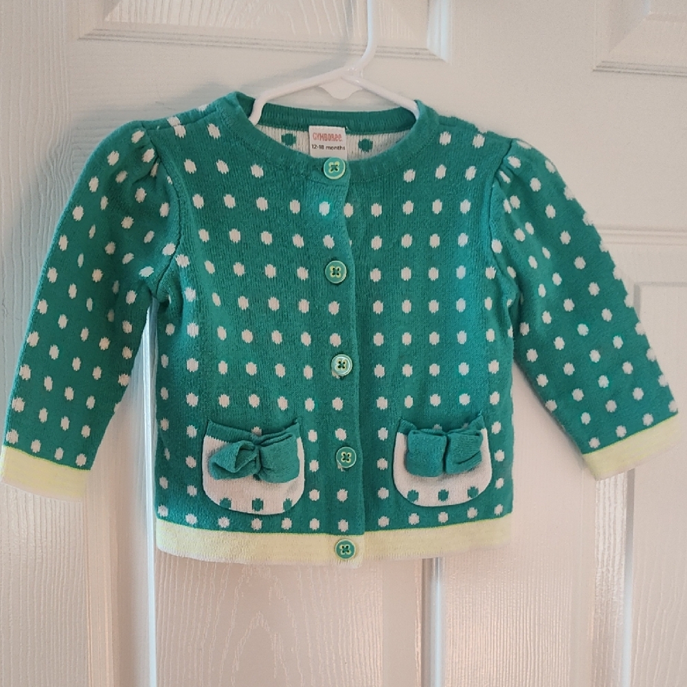 Gymboree Teal and White Polka Dot Baby Cardigan with Pocket Bows